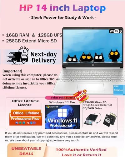 HP Business Student Laptop Computer - Windows 11 Pro & Microsoft Office Lifetime | 14 inch HD | AI-Powered, 12 Hr Batter N-Serious Laptop| 16GB RAM, 128GB UFS, 256GB Extend Micro SD | Silver