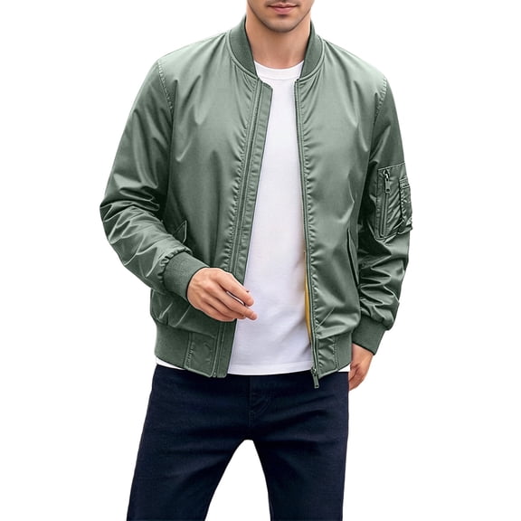 Jackets for Men, Baseball Collar Zip Up Bomber Jacket for Men, Lightweight Windbreaker, Arm Zip, Side Snap, Hand Pockets, Street Travel Daily Outerwear