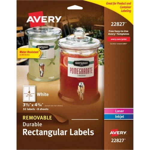 Avery Removable Durable Labels -Sure Feed Technology 11' Height x 8.50' Width - Rectangle - Laser, Inkjet - White - Film, Polyester - 4 / Sheet - 8 Total Sheets - 32 Total Label(s) - 32 / Pack