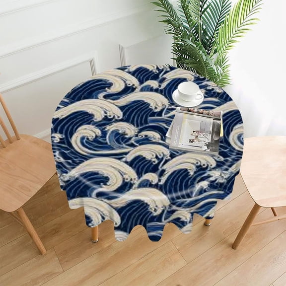 RKSupls 60 Inch Round Tablecloth, Ocean Waves Pattern Premium Polyester Straight Edge Wrinkle Resistant Washable Table Cover for Party Home Dining Decor