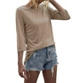 thumbnail image 2 of 3/4 Sleeve Women Round NeckSolid Casual Basic Tops T Shirt, 2 of 4
