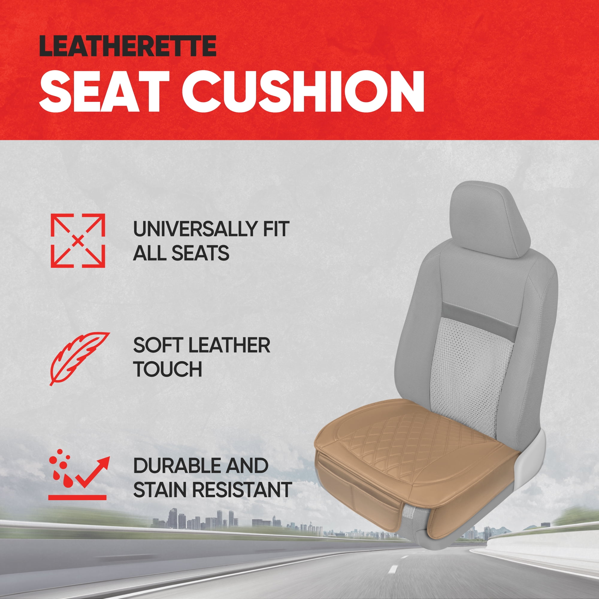 Motor Trend Car Seat Cushion Diamond Stitched Faux Leather Seat Cushion for Cars Trucks SUV, Beige Padded Car Seat Cover with Storage Pockets, Premium Automotive Seat Cover for Front Seat