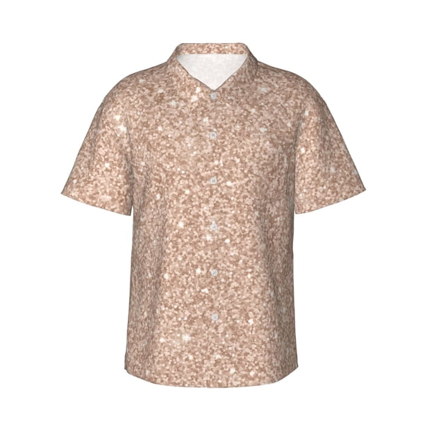 Balery Beige Sparkling Glitter Camisas hawaianas de manga corta para hombre, camisas playeras de corte holgado, camisas de vacaciones con botones,Large
