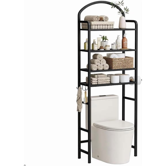 4-Tier Over Toilet Storage Rack with Hooks and Paper Holder, Bathroom Organizer Space-Saving Metal Shelf, 72" Tall Bathroom Storage Unit, Black