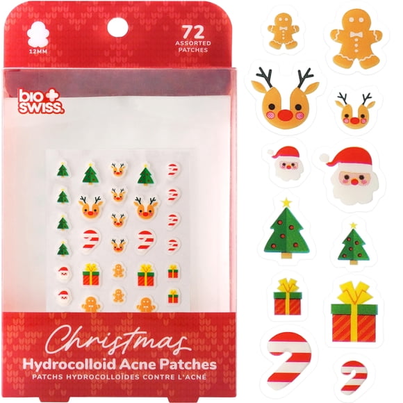 BioSwiss Pimple Patches Parche navideño para acné para granos e imperfecciones Adhesivos hidrocoloides para cara y piel 72 unidades