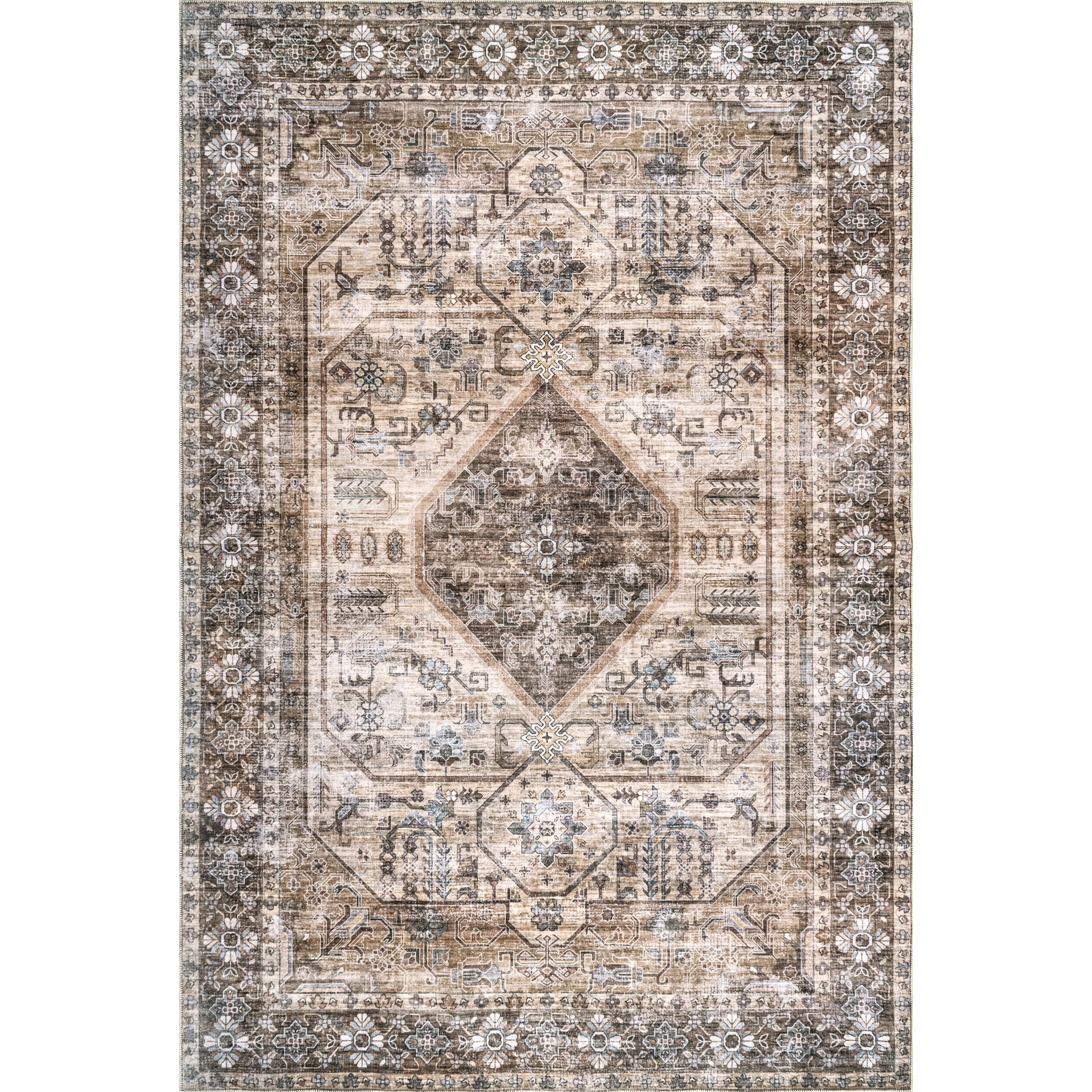nuLOOM Devin Machine Washable Vintage Medallion Area Rug, 8' x 10', Light Brown