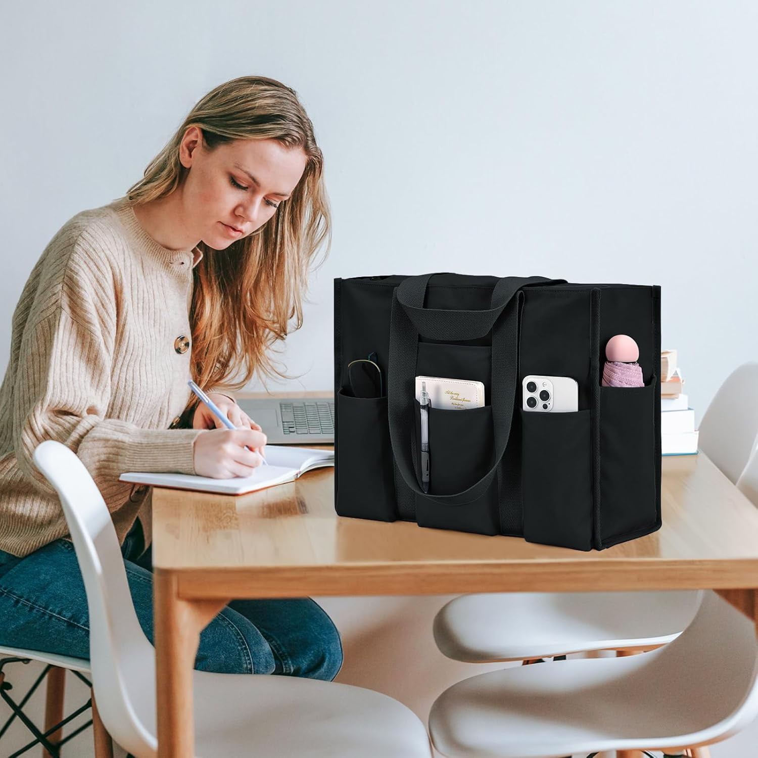 Omlopp Large Tote Bag for Women Waterproof with 12 Pockets Top Zipper Closure Utility Teacher Nurse Bags for Work School-Black-Large