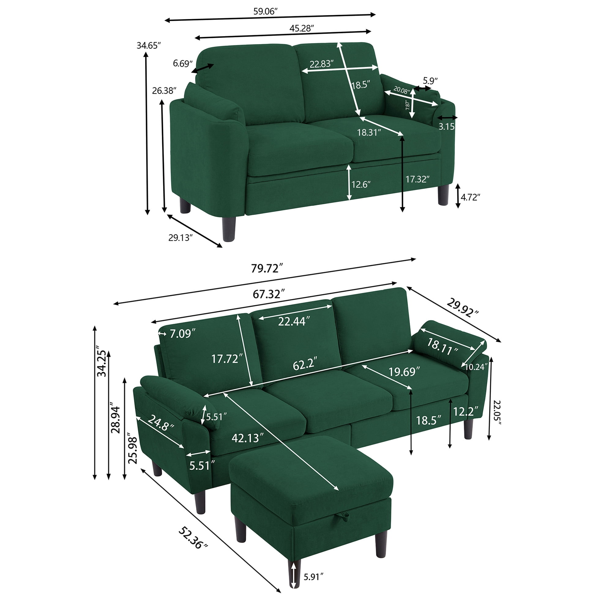 Pingliang Home Sectional Sofa Couch with Storage Ottoman and Loveseat,Modern 5 Seater Sofa Couch Set,L Shaped Couch with Footstool for Living Room Apartment Studio Office,Green
