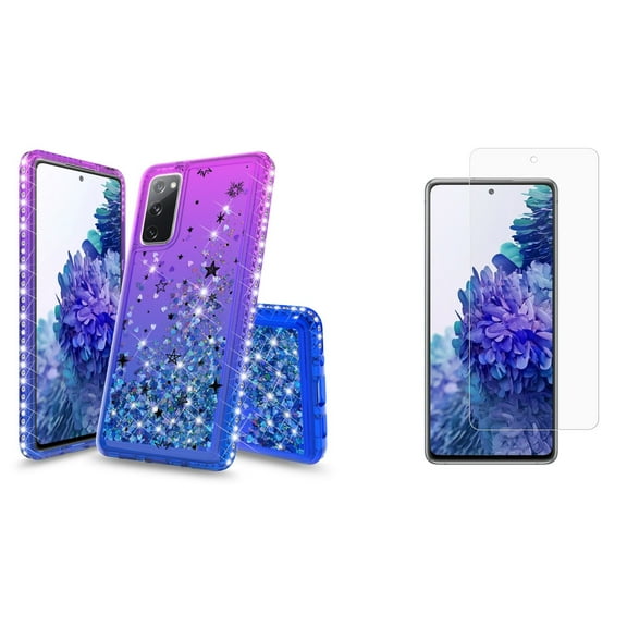 Bemz Liquid Quicksand Case for Samsung Galaxy S20 FE (with 2 Pack of Tempered Glass Screen Protectors and Touch Tool) - Drawn Stars (Purple/Blue)