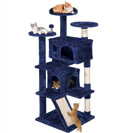 Easyfashion 54  Double Condo Cat Tree with Scratching Post Tower  Navy Blue