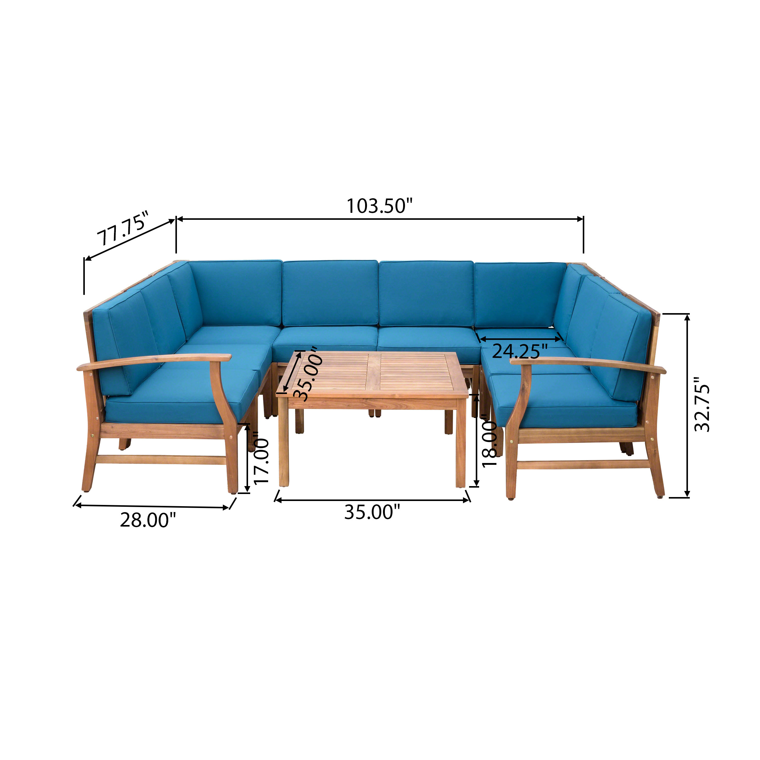 Bodhi Outdoor 8 Seater Acacia Wood Sectional Sofa and Table Set with Cushions, Teak, Blue