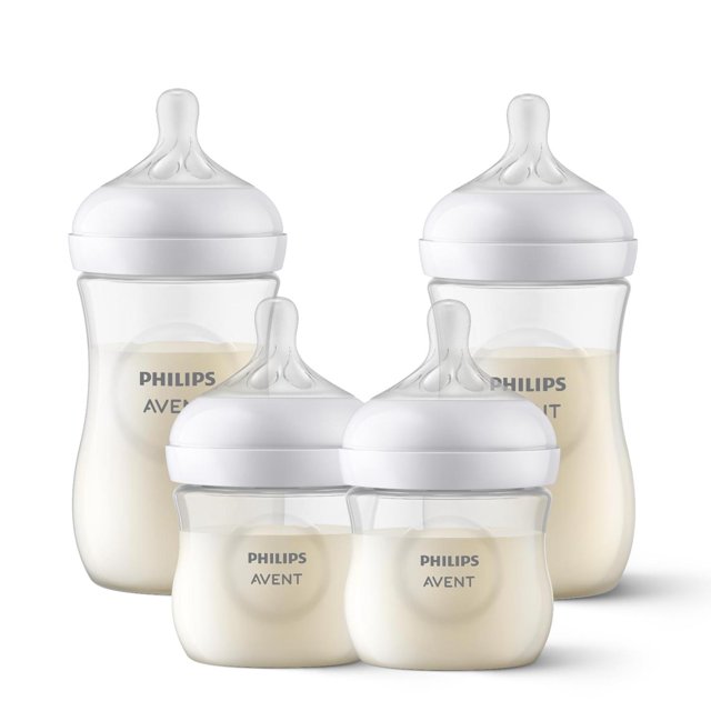 set de biberones natural response philips avent transparente para bebé Kit de regalo con cuatro biberones translúcidos (dos grandes y dos pequeños) con tetinas en forma de pecho y tapas blancas, cuerpo claro con logo Philips AVENT, diseño antigoteo y tetina que libera leche con succión activa; también suele usarse para almacenar pequeñas porciones de leche materna para viajes cortos.