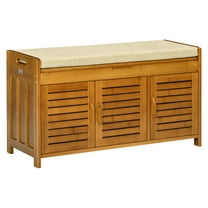 Shoe Bench with Storage, Bamboo Entryway Bench with Cushion, 3 Door Shoe Cabinet - Hallway Bench with Hidden Compartment, Brown