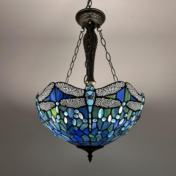 Tiffany Pendant Lights Ceiling Lights Blue Stained Glass Dragonfly LED Bulbs Included for Dining Room Living Room Bedroom 16"W*16"D*60"H