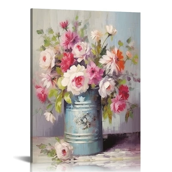 JRXY Floral Canvas Wall Art Pink Rose Rustic Farmhouse Flower Bouquet Prints Vintage Watercolor Botanical Abstract Artwork Dining Room Home Decor 12x16 in