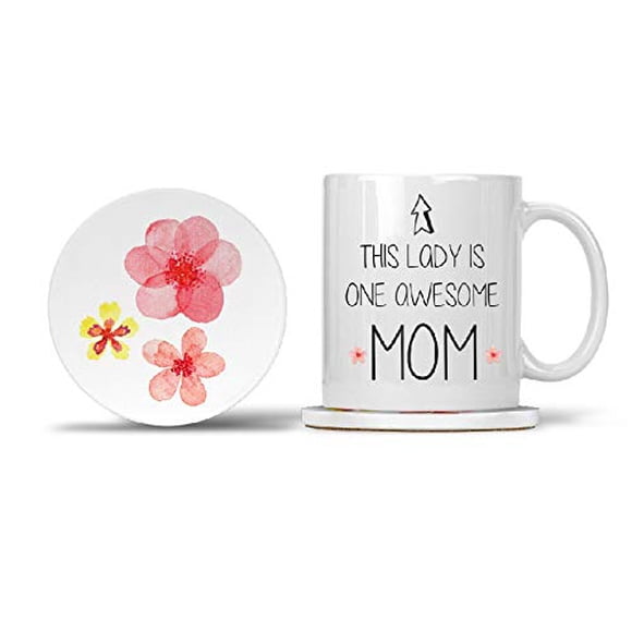 Moms Coffee Mug with Matching Coaster - Funny Novelty Mom Ceramic Mugs 11oz, Cute Gifts for Mother - This Lady is One Awesome Mom