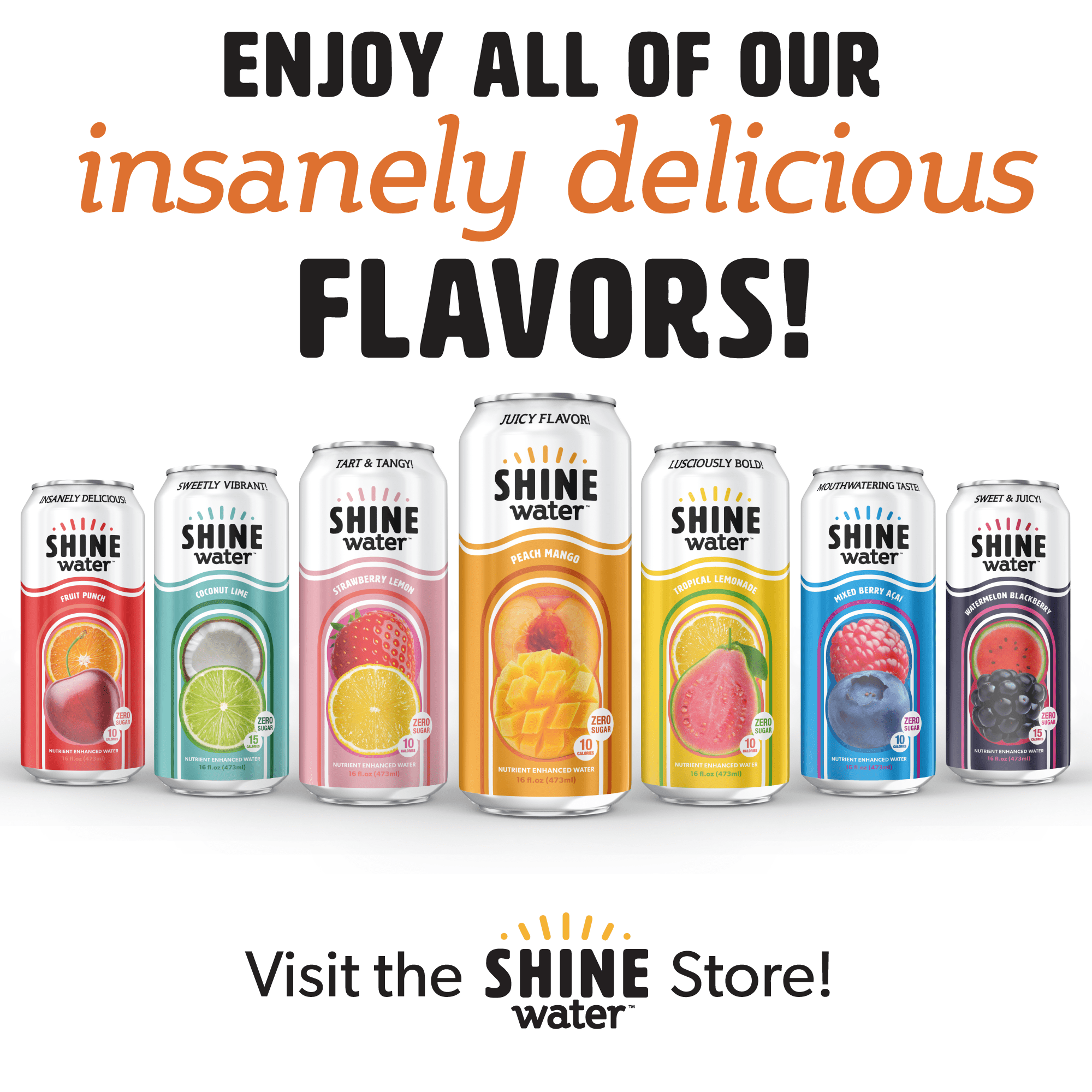 Shine Water Peach Mango Vitamin D Electrolyte Drinks 12-Pack, Sugar Free Flavored Water with Magnesium, Zinc & Antioxidants, Low Calorie Hydration
