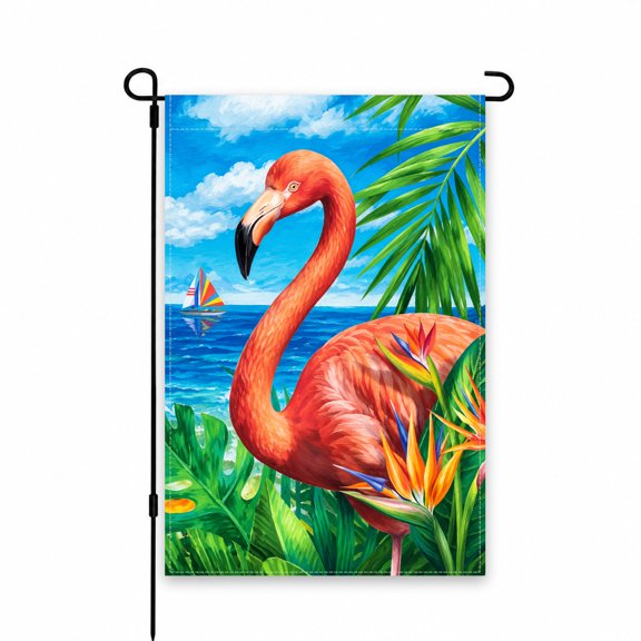 12x18 Inch Summer Flamingo Garden Flag for Vibrant Outdoor Decor – Coastal Tropical Theme with Ocean & Palm Leaves – Perfect for Patio or Porch Display