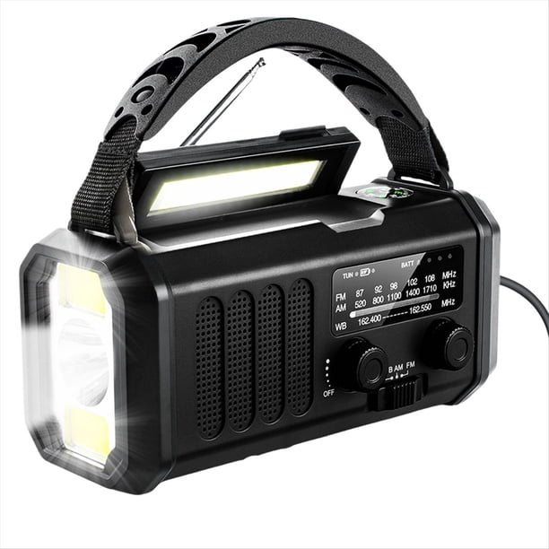 Radio Meteorológica de Emergencia FM/AM/ de 20000 MAh, Radio de Manivela, Linterna, Energía Solar para Acampar Al Aire Libre, Color Negro.