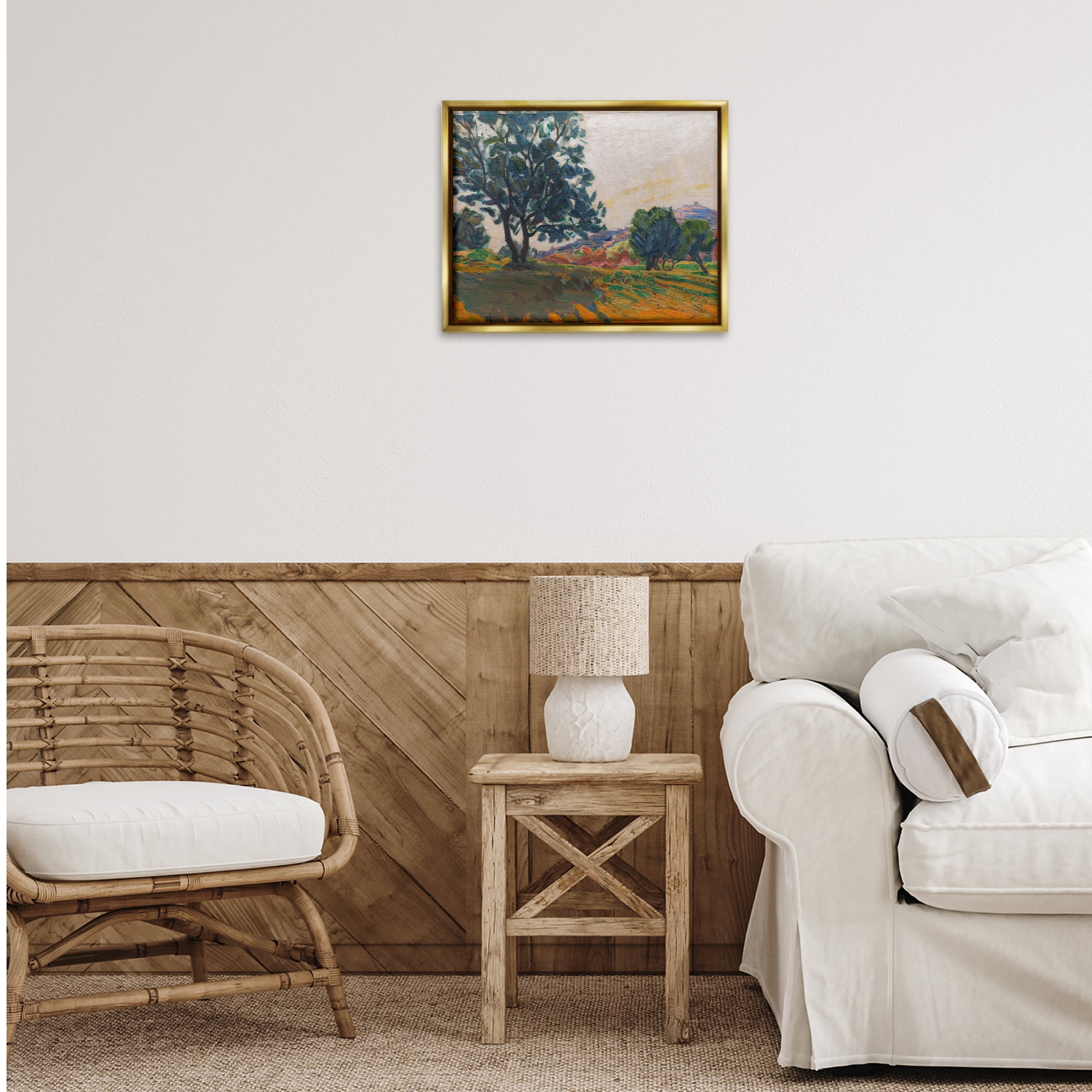 Stupell Industries Tree in Shadow Landscape & Nature Painting Gold Floater Framed Canvas Art Print Wall Art, 21 x 17