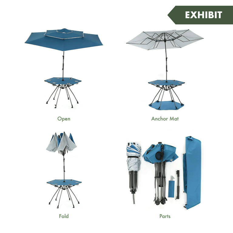 Arrowhead Outdoor 8ft Portable Beach Umbrella & Folding Table, Wind Stabilization Vent, Adjustable Tilt, Stakes & Anchor Included, 6 Cup Holders, Ubf