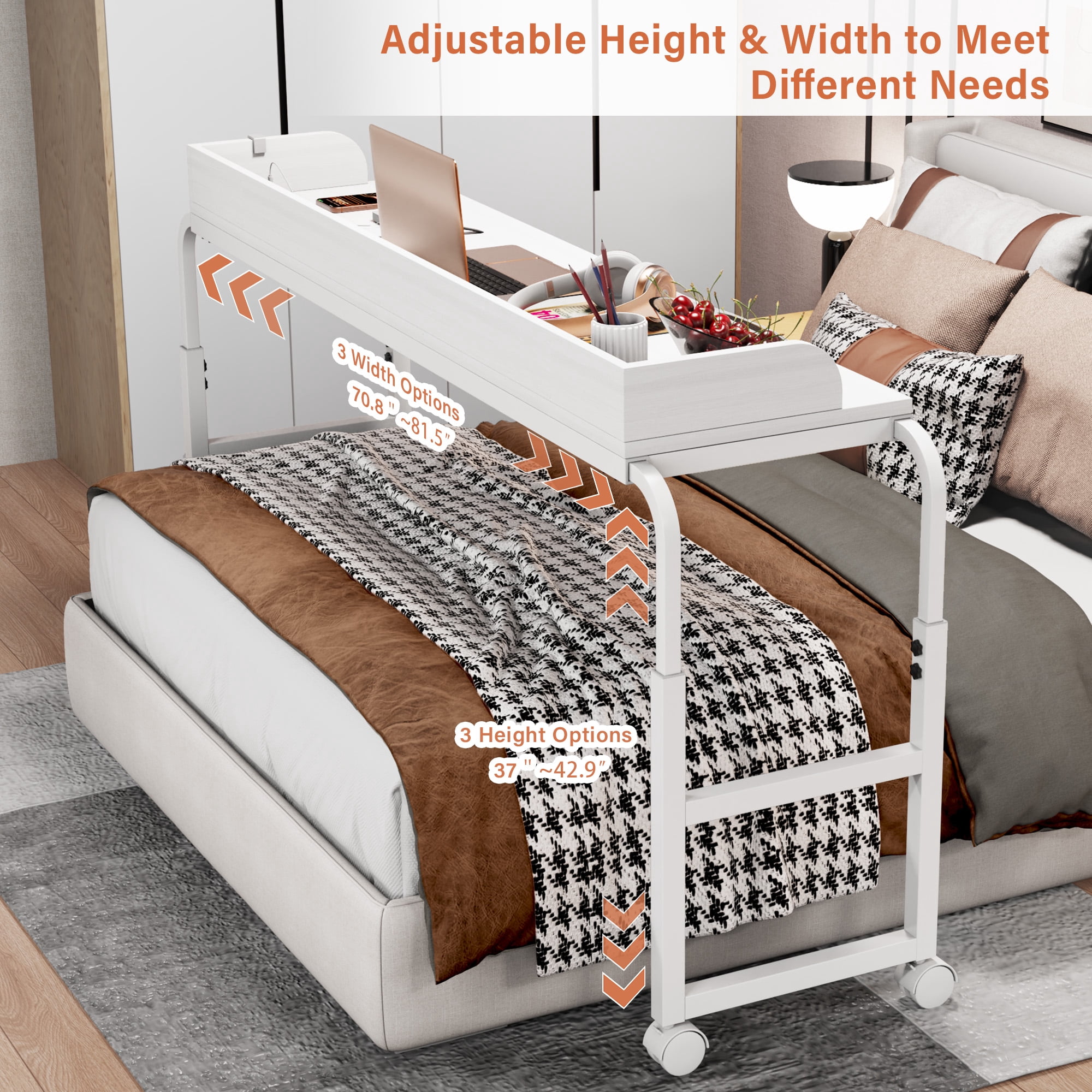 Frmobepts Overbed Table with Wheels, Queen Size Mobile Bed Desk with Adjustable Height and Led Light, Rolling Table, Laptop Table, Recliner Desk, for Bedroom, Living Room, Office,White