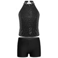 thumbnail image 3 of YONGHS Kids Girls Sequins Dance Outfits Sleeveless Halter Crop Tops with Gym Dance Shorts Set Black 10, 3 of 7