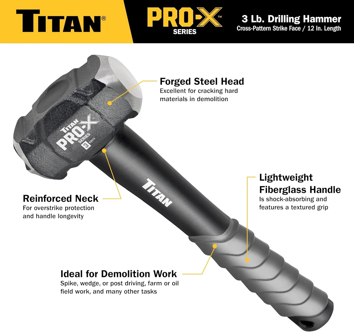 RGHJAR-Pro-X 63013 3lb Drilling Hammer, Dual-Face Sledge with Cross-Pattern Face for Concentrated Power & Flat Face for Stake Driving, Overstrike Protection, 12" Fiberglass Handle with Textured Grip