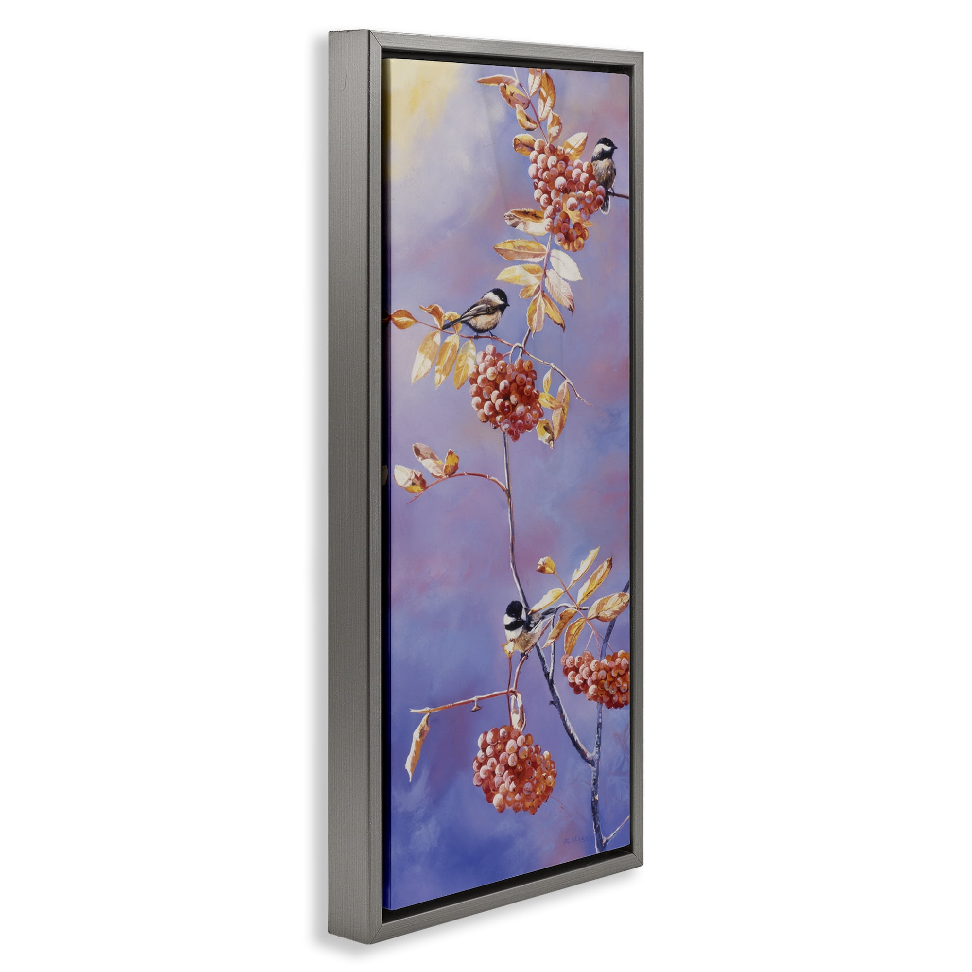 Stupell Industries Chickadees & Mountain Ash Plants & Flowers Painting Gray Floater Framed Canvas Art Print Wall Art, 11 x 25