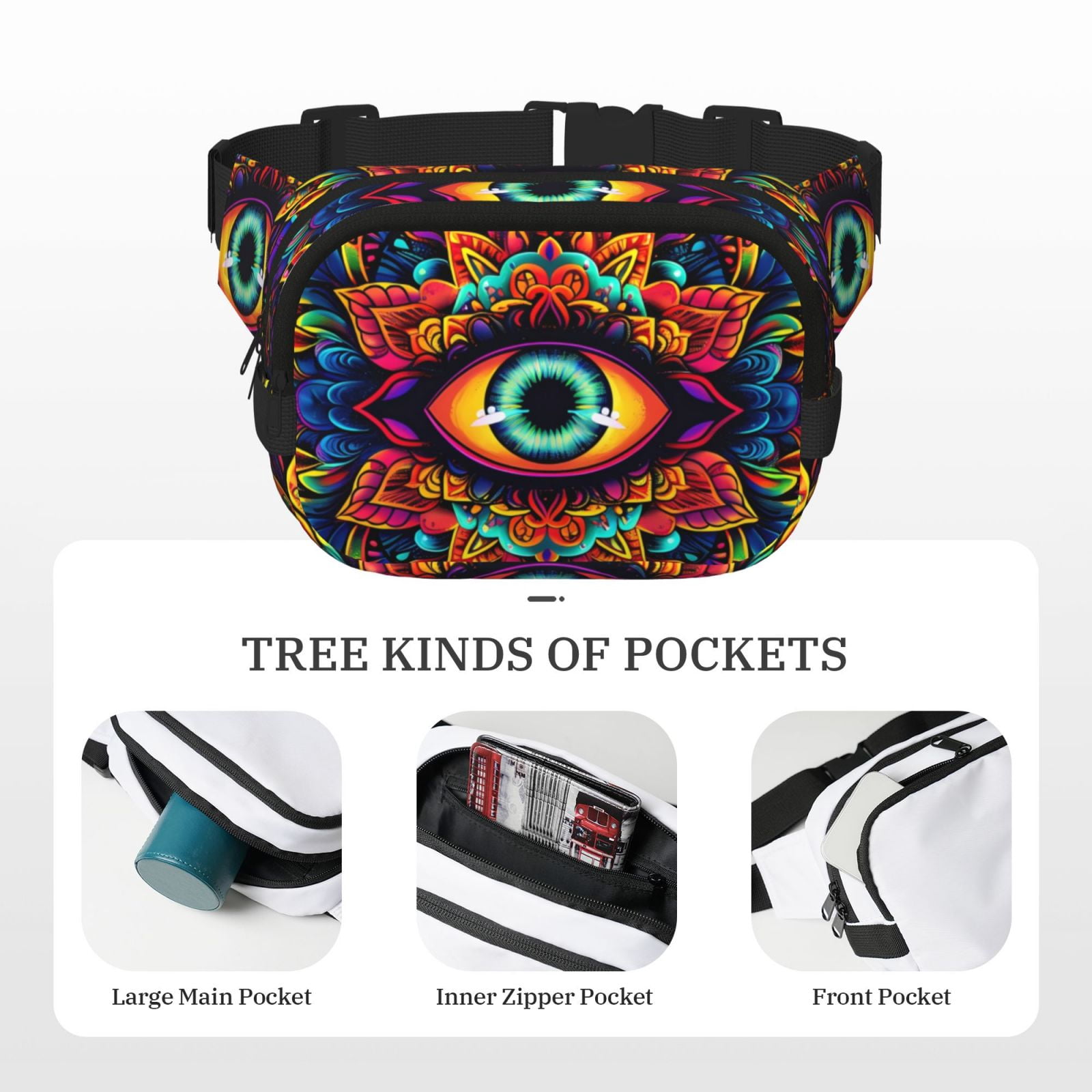 Kdxio Vibrant Psychedelic Eye Crossbody Double Layer Waist Bag Belt Bag for Unisex Fanny Pack Fashion Waist Packs for Hiking Running Shopping Traveling