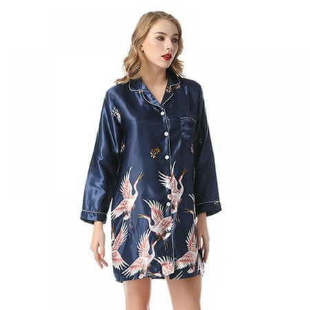 

BRAND FACTORY PRICE! Ladies Sleepwear Luxurious Sleep Shirts Print Sleepdress V-neck Pajama Shirt Women s Satin Nightgown Long Sleeve