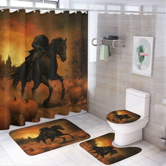 Cool Halloween Headless Horseman for Bathroom Shower Curtain Sets with Rugs 4Pcs,Modern Oil Painting Mid Century Graveyard Bat Pumpkin Knight Theme Shower Curtains Sets (12Hooks)