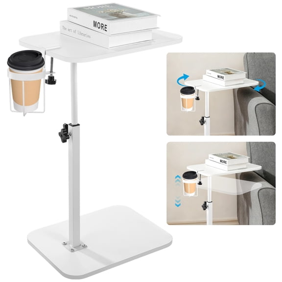 Rotating C Shaped Side Table with Cup Holder, 360° Swivel Wooden Tray Table, Adjustable Height White End Table for Small Spaces, Sofa Arm Side Table, Bedside Table, Coffee Table for Living Room