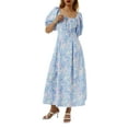 thumbnail image 5 of Gzhioc Women Casual Dress, Short Puff Sleeve Plain/Floral Square Neck High Waist Dress, Ladies Summer Long One-Piece, 5 of 9