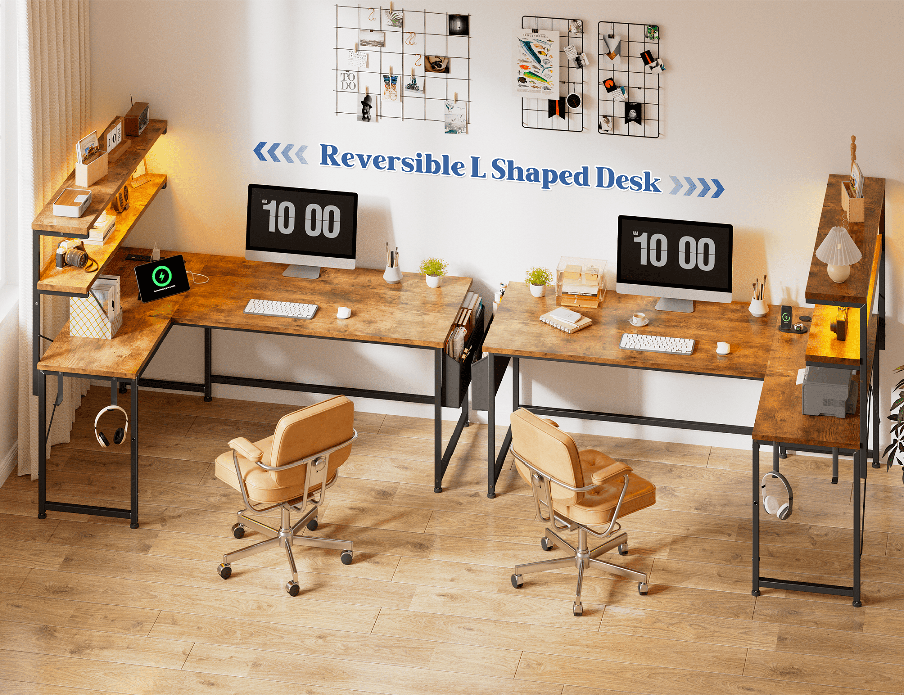 Romorgniz L Shaped Computer Desk with LED Lights & Power Outlet, Reversible 43.3"W Gaming Desk with Storage Shelf, Side Bag, Hooks for Home Office, Rustic Brown