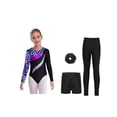 thumbnail image 3 of Doomiva Kids Girls Long Sleeve Gymnastic Ballet Dance Leotard Jumpsuit with Shorts Leggings Hair Band Set Tracksuit Starry Sky Black 14, 3 of 7