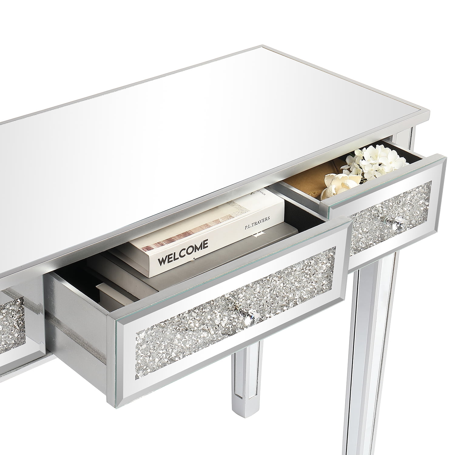 3-Drawer Modern Diamond-Embellished Computer Desk with Mirror Finish, Silver, 42 x 15 x 29.92 in