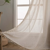 Linen Curtain for Bedroom Living Room, Rod Pocket Rustic Farmhouse Bohemian Tassels Window Treatment, 1 Panel