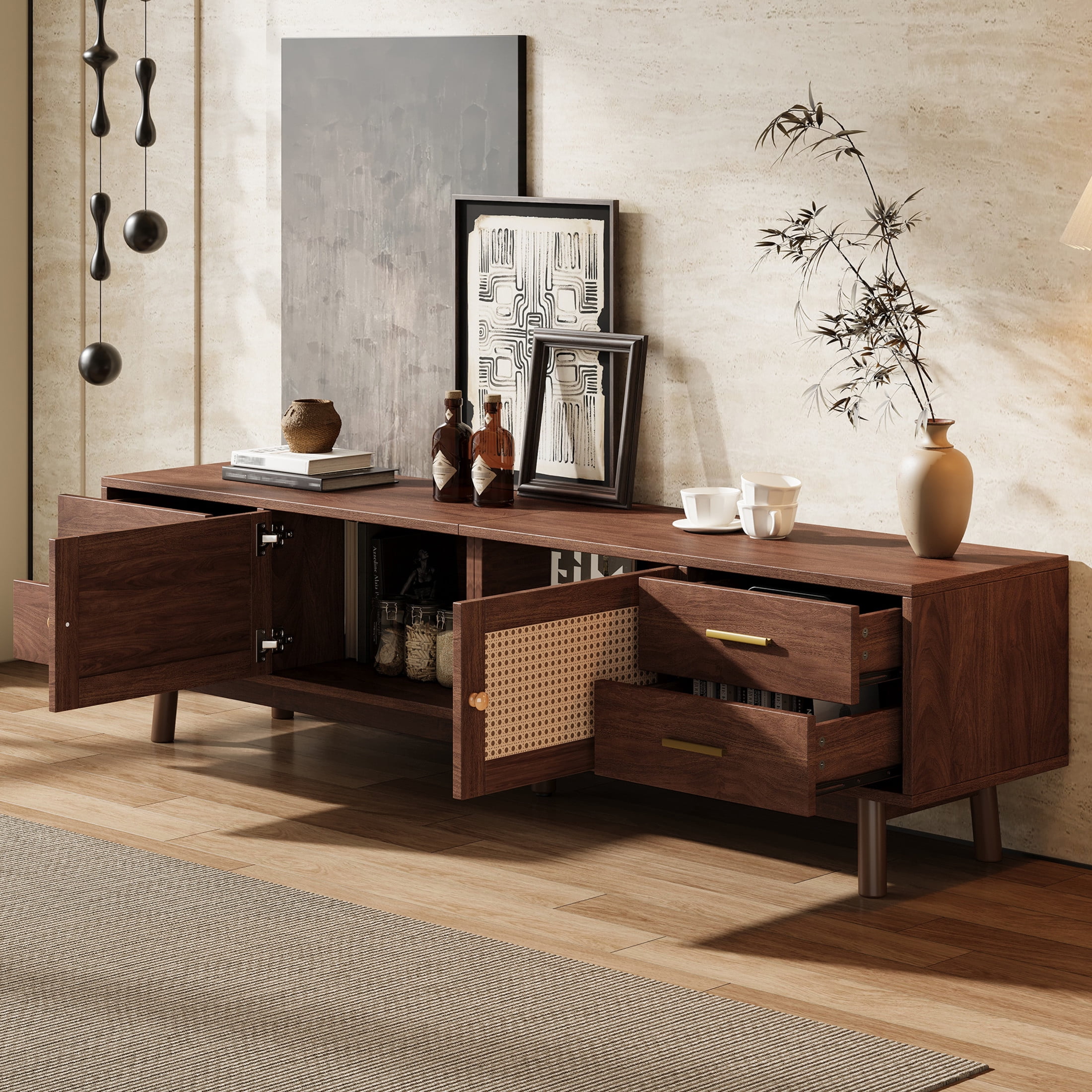 Noble House Modern TV Stand for TVs up to 80" with Rattan Doors, 4 Drawers, Dark Brown