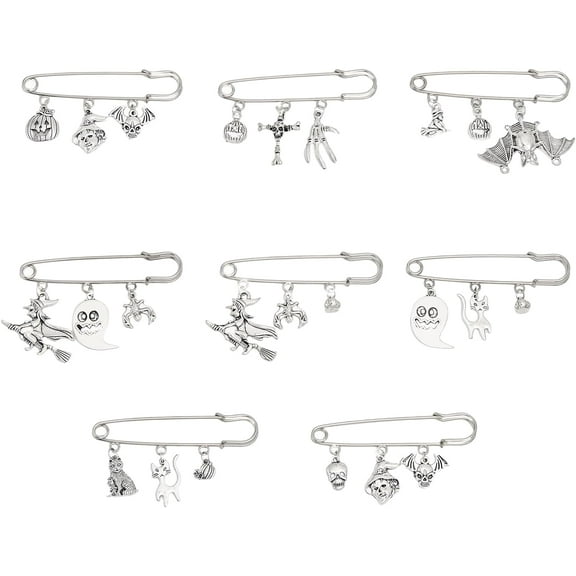 8Pcs 8Styles Zinc Alloy Charms Safety Pin Brooches Set Lapel Pins for Backpack Clothes Decoration Silve