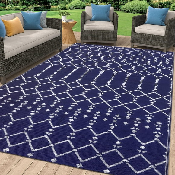 Alfombra exterior Smiry 152 x 244 cm, impermeable, reversible, azul marino
