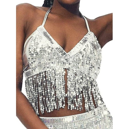 

Paille Ladies Camisole V Neck Cami Sleeveless Halter Crop Tops Casual Sequin Dance Bra Vaction Silver