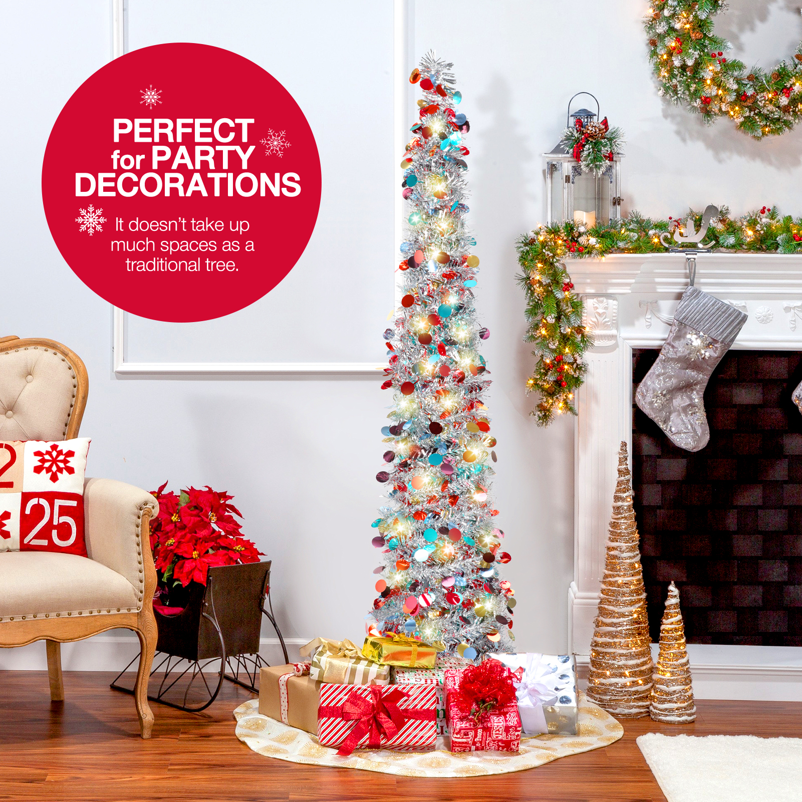 Ayieyill 5' Pop-Up Tinsel Christmas Tree, Silver Pencil photo 3