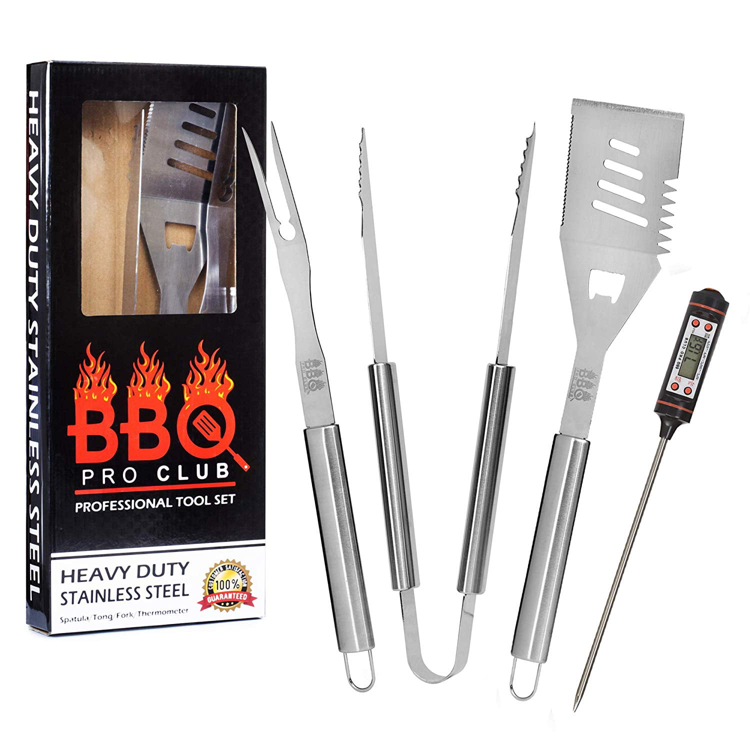 AMZ BBQ CLUB BBQ Grilling Tool 4 Piece Set Thermometer Fork and Tongs Spatula 
