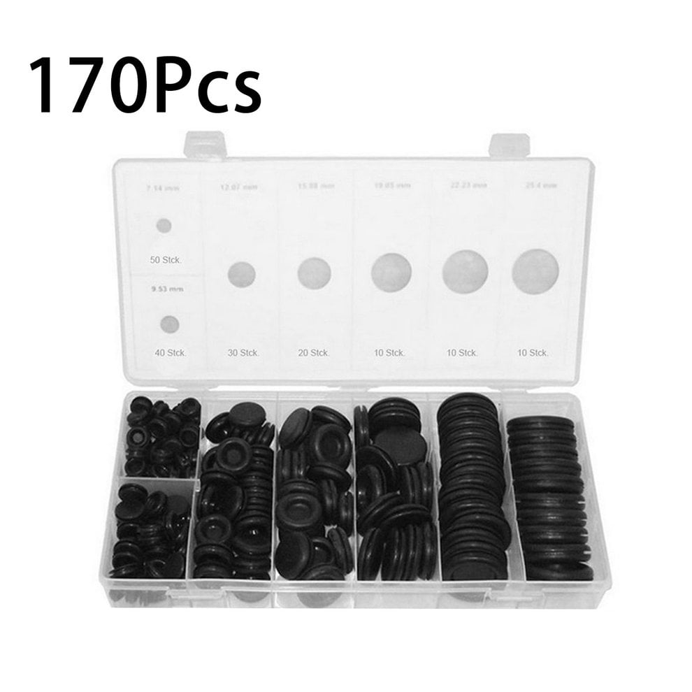 170Pcs Black Grommet Firewall Electrical Wire Gasket Solid Hole Plug Assortment