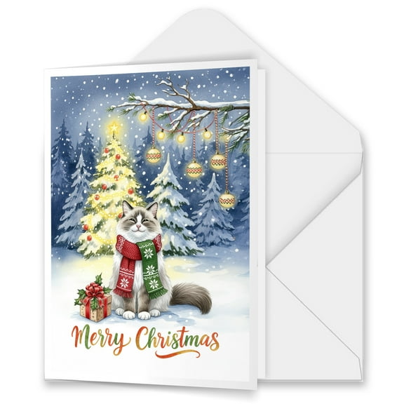 Merry Christmas Ragdoll Snowy Winter with Tree Decorations 5x7in Folded Greeting Card Cat Lover Kitten Owner Gifts Idea Single Note Card with Envelope - 12020