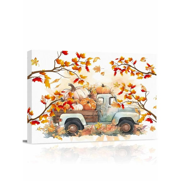 Thanksgiving Pumpkin Canvas Print Wall Art Framed Canvas Art Wall Decor Truck Fall Maple Leaves Pictures Painting Morden Artwork for Living Room Bedroom, Ready to Hang - 12"x16"