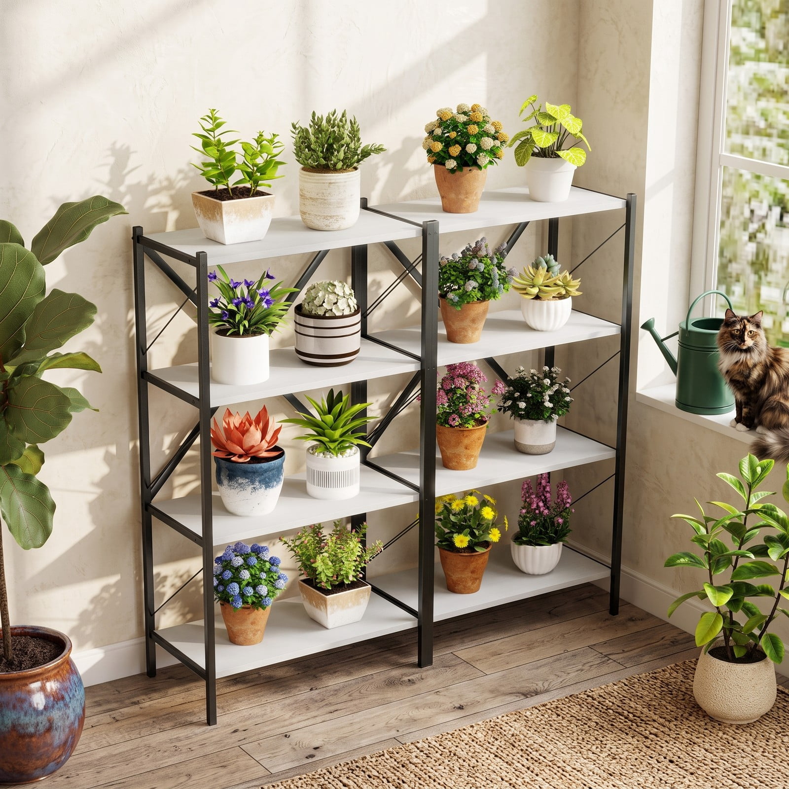Furnibear 4-Tier Bookshelf with Heavy-Duty Metal Frame, X-Braced Freestanding Storage Bookcase Organizer Plant Stand for Living Room Bedroom Home Office, White