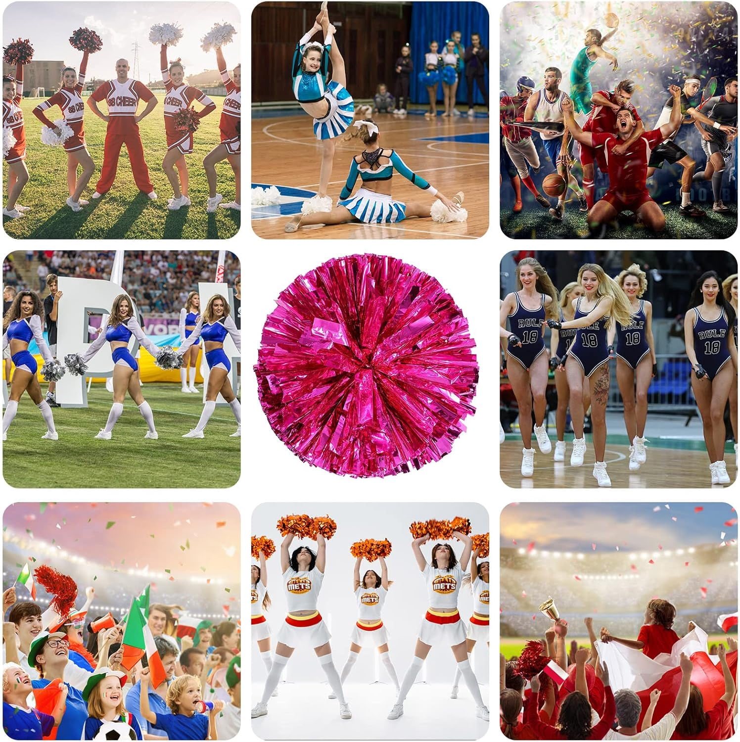 Cheerleader ponpon, Cheerleading Pom Poms, Premium Metallic Pom Poms Set Cheering Hand Flowers Handle Dance Pom Poms Cheering Squad Pompoms for Football Basketball Cheers