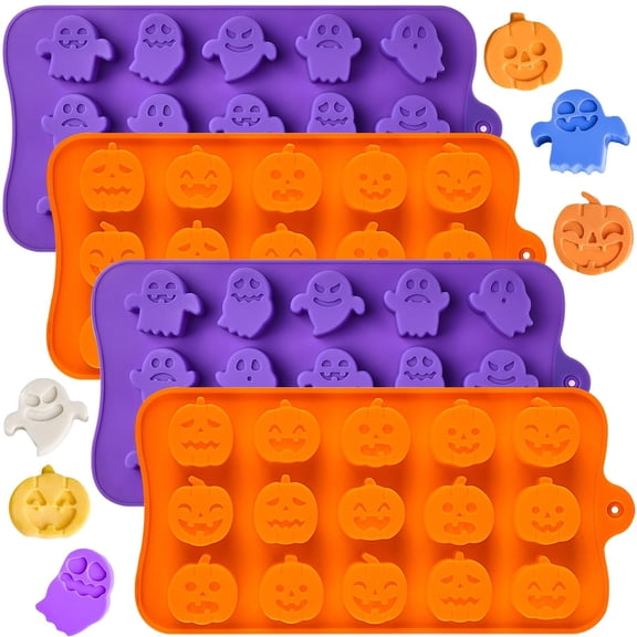 JiaShop Halloween Chocolate Silicone Molds, 60 Cavities, 4Pcs Pumpkin Ghost Shaped Candy Mold, Non Stick, For DIY Chocolate, Fondant, Jello, Gummy, Candy, Cake Topper, Dessert Decorating